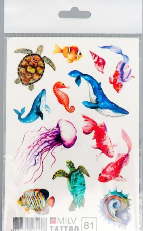 Фото Татуировка на тело цветная тайны морских глубин с изображением кита, черепахи, медузы - магазин  "Домик Принцессы"