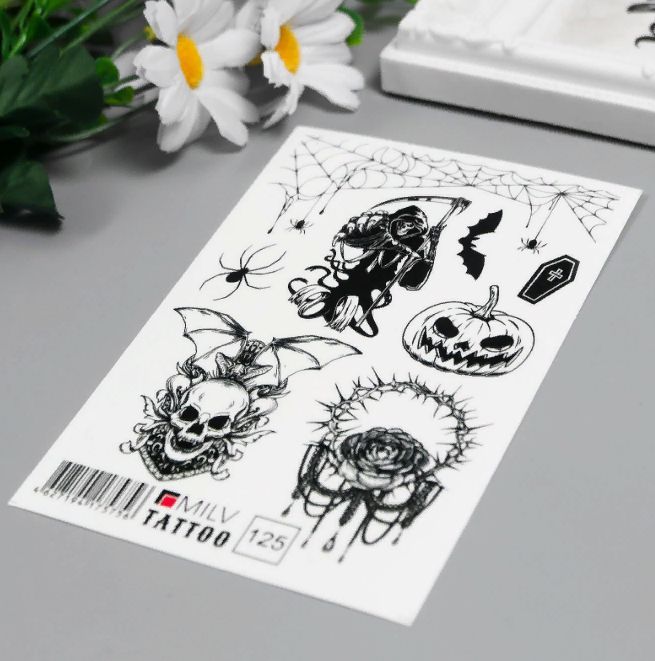 Фото Татуировка на тело Halloween с изображением тыкви, смерти с косой, гробом ,розой в шипах,паутины,черепа 10х15 см #125 - магазин  "Домик Принцессы"