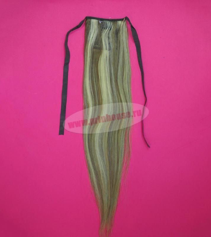 Фото Накладной хвост из натуральных волос на ленте 55cм цвет №12/613 мелированный блонд - магазин  "Домик Принцессы"