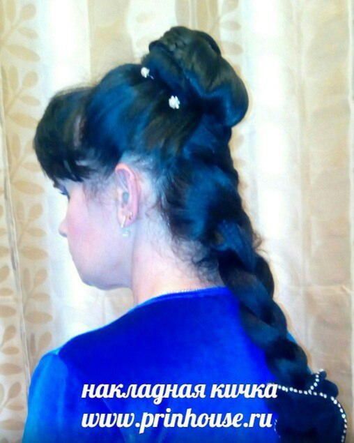 Фото Кичка накладная с косой цвет 2 темный шоколад - магазин  "Домик Принцессы"