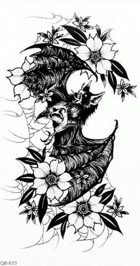 Фото Татуировка на тело Хэллоуин Halloween черная летучая мышь с цветами 11,5х21 см - магазин  "Домик Принцессы"