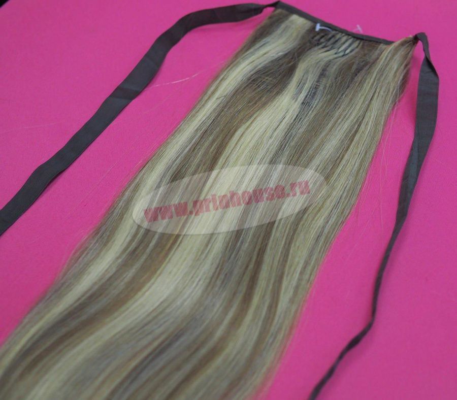 Фото Накладной хвост из натуральных волос на ленте 55cм цвет №12/613 мелированный блонд - магазин  "Домик Принцессы"