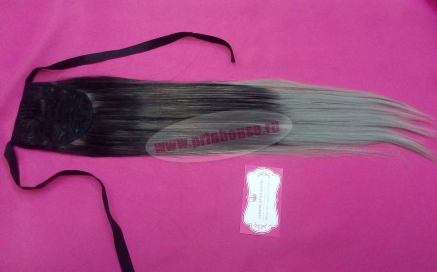 Фото Хвост искусственный на ленте омбре цвет черный+серый - магазин  "Домик Принцессы"