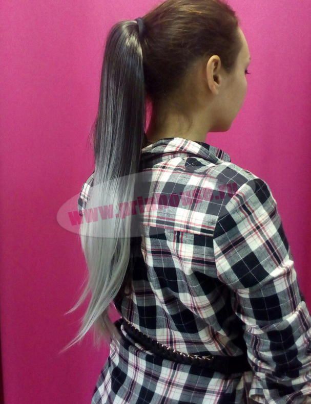 Фото Хвост искусственный на ленте омбре цвет черный+серый - магазин  "Домик Принцессы"