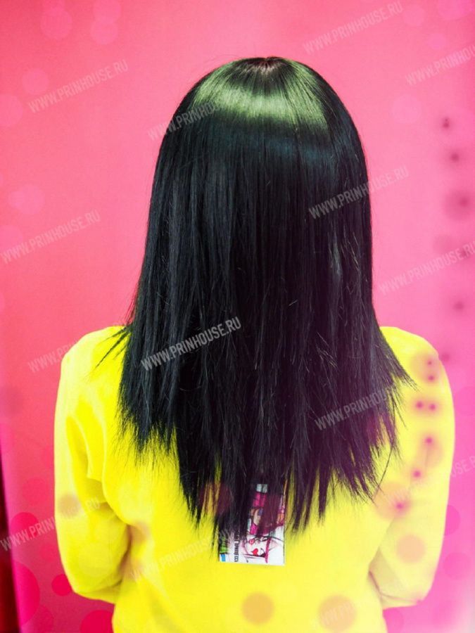 Фото Парик искусственный термо длинный прямой с челкой цвет черный - магазин  "Домик Принцессы"