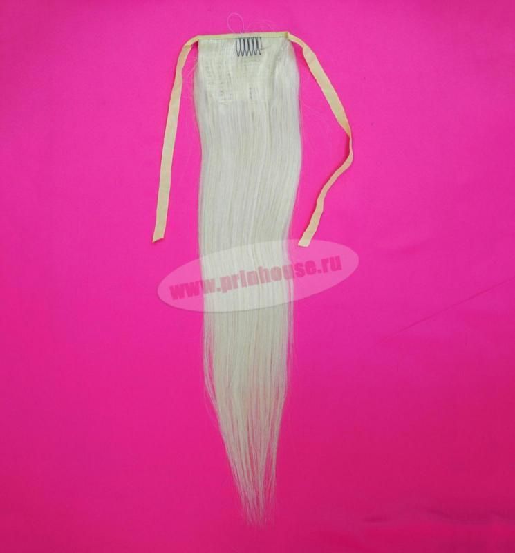Фото Накладной хвост из натуральных волос на ленте 55cм цвет №60 светлый блонд - магазин  "Домик Принцессы"