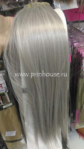 Фото Волосы на заколках искусственные прямые 45 см цвет 50 светло-серый - магазин  "Домик Принцессы"