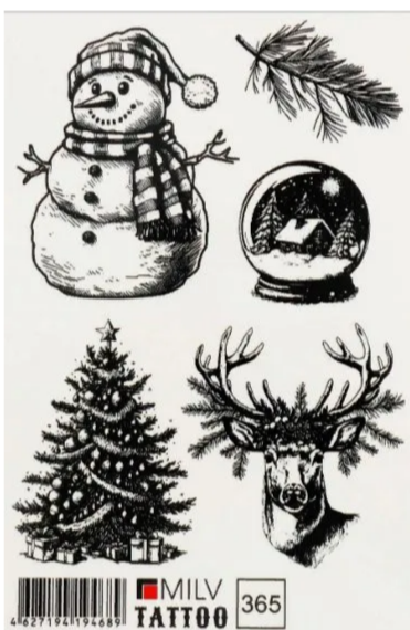 Фото Татуировка на тело "Добродушный снеговик в ретро стиле" 10х15 см елочка, снежный шар, олень #365 - магазин  "Домик Принцессы"