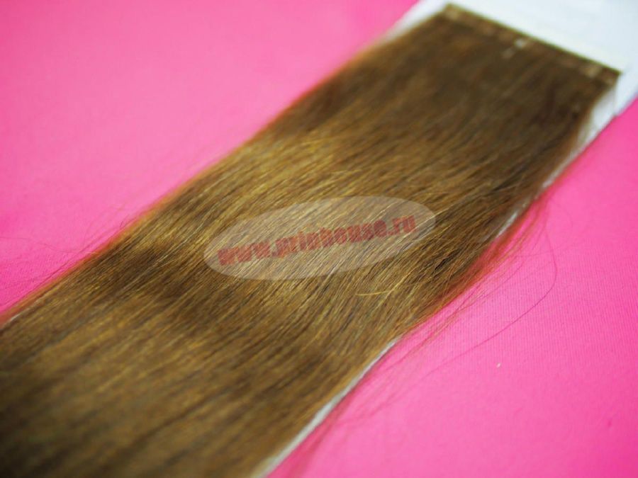 Фото Натуральные волосы для ленточного наращивания 5 стрипов по 30 см длина 55 см цвет 8 светлый шоколад - магазин  "Домик Принцессы"