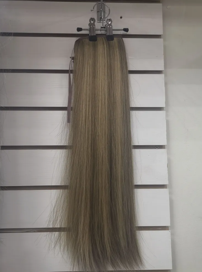 Фото Хвост из матовых волос из канекалона на ленте 50см цвет тёмное мелирование - магазин  "Домик Принцессы"