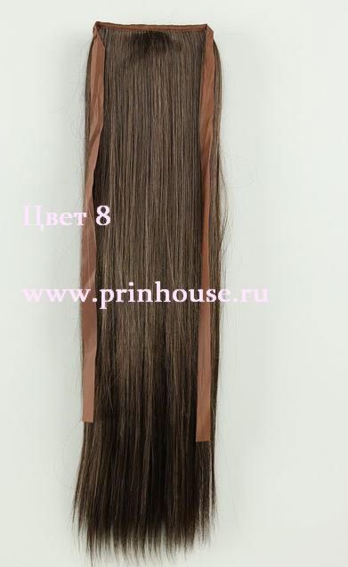 Фото Накладной хвост искусственный на лентах 50см цвет 8О темно русый натуральный - магазин  "Домик Принцессы"