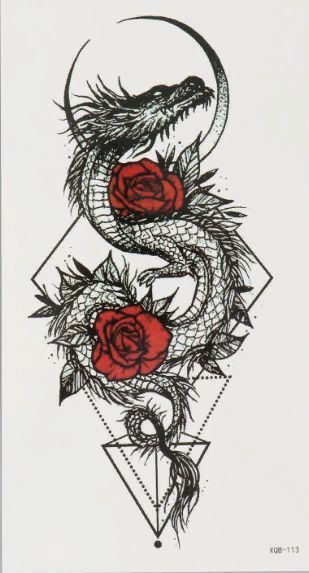 Фото Новогодняя татуировка на тело чёрная, цветная Дракон, розы и геометрия 11,4х21 см - магазин  "Домик Принцессы"