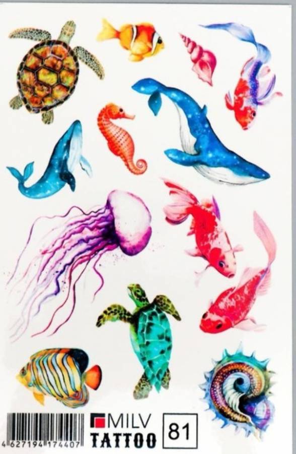 Фото Татуировка на тело цветная тайны морских глубин с изображением кита, черепахи, медузы - магазин  "Домик Принцессы"