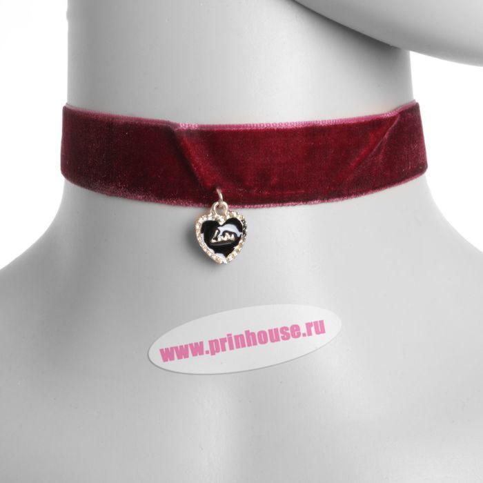 Фото Чокер бархотка бордовый с украшением сердечком Love - магазин  "Домик Принцессы"